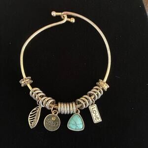 Silver Tone Adjustable Bangle Bracelet Charm Dangles Love Leaf Turquoise 7"